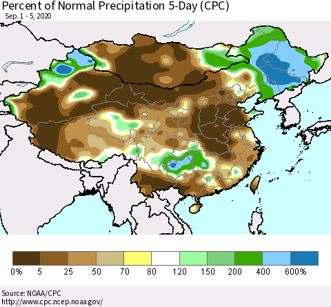 China, Mongolia and Taiwan Percent of Normal Precipitation 5-Day (CPC) Thematic Map For 9/1/2020 - 9/5/2020