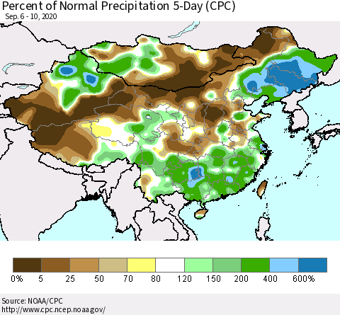 China, Mongolia and Taiwan Percent of Normal Precipitation 5-Day (CPC) Thematic Map For 9/6/2020 - 9/10/2020
