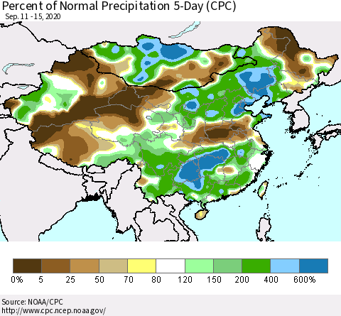 China, Mongolia and Taiwan Percent of Normal Precipitation 5-Day (CPC) Thematic Map For 9/11/2020 - 9/15/2020