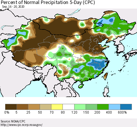 China, Mongolia and Taiwan Percent of Normal Precipitation 5-Day (CPC) Thematic Map For 9/16/2020 - 9/20/2020