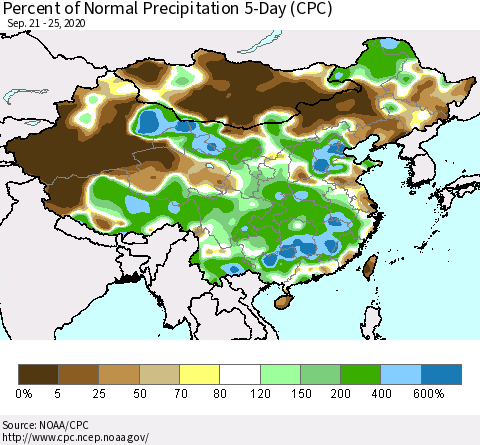 China, Mongolia and Taiwan Percent of Normal Precipitation 5-Day (CPC) Thematic Map For 9/21/2020 - 9/25/2020
