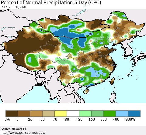 China, Mongolia and Taiwan Percent of Normal Precipitation 5-Day (CPC) Thematic Map For 9/26/2020 - 9/30/2020