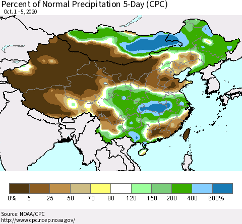China, Mongolia and Taiwan Percent of Normal Precipitation 5-Day (CPC) Thematic Map For 10/1/2020 - 10/5/2020