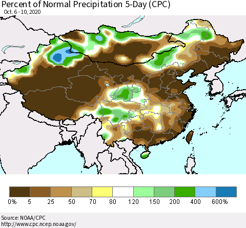 China, Mongolia and Taiwan Percent of Normal Precipitation 5-Day (CPC) Thematic Map For 10/6/2020 - 10/10/2020