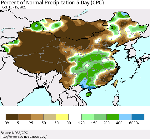 China, Mongolia and Taiwan Percent of Normal Precipitation 5-Day (CPC) Thematic Map For 10/11/2020 - 10/15/2020