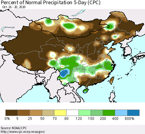 China, Mongolia and Taiwan Percent of Normal Precipitation 5-Day (CPC) Thematic Map For 10/16/2020 - 10/20/2020