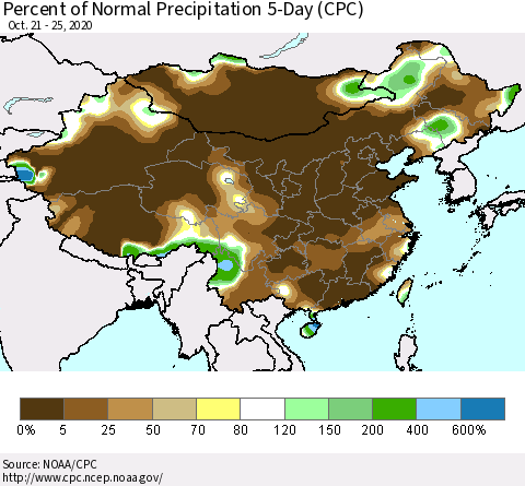 China, Mongolia and Taiwan Percent of Normal Precipitation 5-Day (CPC) Thematic Map For 10/21/2020 - 10/25/2020