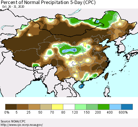 China, Mongolia and Taiwan Percent of Normal Precipitation 5-Day (CPC) Thematic Map For 10/26/2020 - 10/31/2020