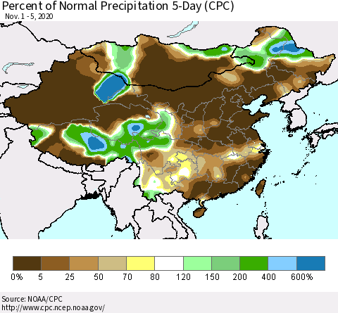 China, Mongolia and Taiwan Percent of Normal Precipitation 5-Day (CPC) Thematic Map For 11/1/2020 - 11/5/2020
