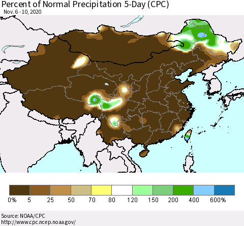 China, Mongolia and Taiwan Percent of Normal Precipitation 5-Day (CPC) Thematic Map For 11/6/2020 - 11/10/2020