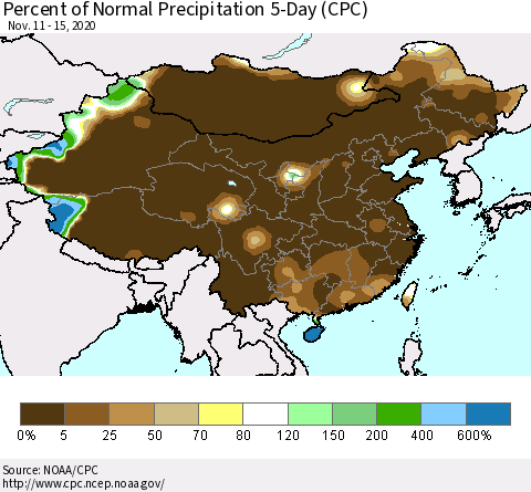 China, Mongolia and Taiwan Percent of Normal Precipitation 5-Day (CPC) Thematic Map For 11/11/2020 - 11/15/2020