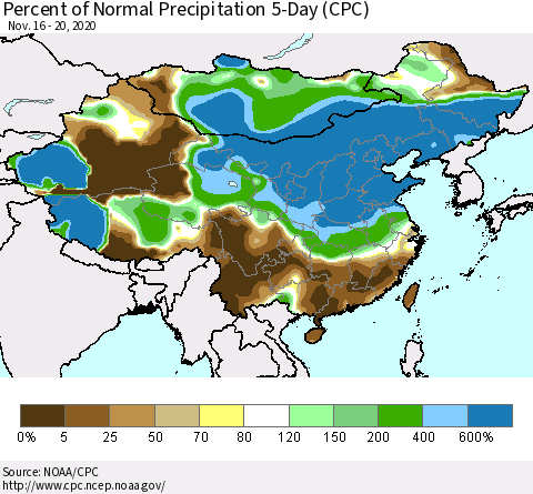 China, Mongolia and Taiwan Percent of Normal Precipitation 5-Day (CPC) Thematic Map For 11/16/2020 - 11/20/2020