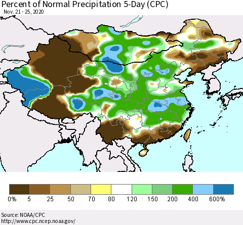 China, Mongolia and Taiwan Percent of Normal Precipitation 5-Day (CPC) Thematic Map For 11/21/2020 - 11/25/2020
