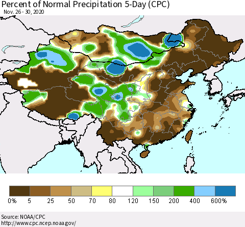 China, Mongolia and Taiwan Percent of Normal Precipitation 5-Day (CPC) Thematic Map For 11/26/2020 - 11/30/2020