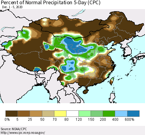 China, Mongolia and Taiwan Percent of Normal Precipitation 5-Day (CPC) Thematic Map For 12/1/2020 - 12/5/2020