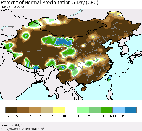 China, Mongolia and Taiwan Percent of Normal Precipitation 5-Day (CPC) Thematic Map For 12/6/2020 - 12/10/2020
