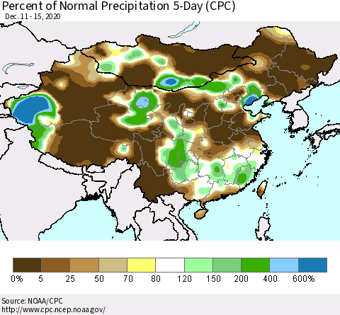 China, Mongolia and Taiwan Percent of Normal Precipitation 5-Day (CPC) Thematic Map For 12/11/2020 - 12/15/2020