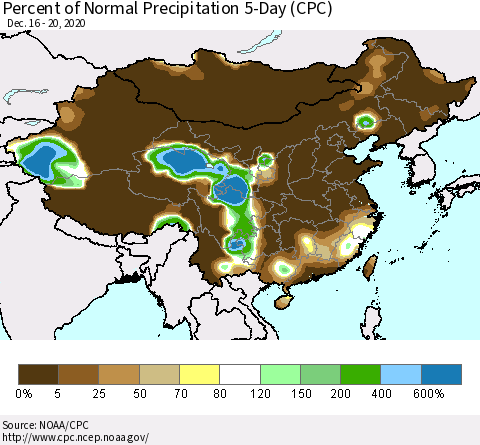China, Mongolia and Taiwan Percent of Normal Precipitation 5-Day (CPC) Thematic Map For 12/16/2020 - 12/20/2020