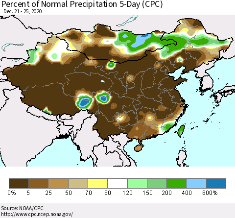 China, Mongolia and Taiwan Percent of Normal Precipitation 5-Day (CPC) Thematic Map For 12/21/2020 - 12/25/2020