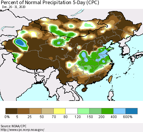China, Mongolia and Taiwan Percent of Normal Precipitation 5-Day (CPC) Thematic Map For 12/26/2020 - 12/31/2020