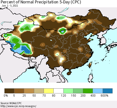 China, Mongolia and Taiwan Percent of Normal Precipitation 5-Day (CPC) Thematic Map For 1/1/2021 - 1/5/2021