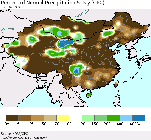 China, Mongolia and Taiwan Percent of Normal Precipitation 5-Day (CPC) Thematic Map For 1/6/2021 - 1/10/2021