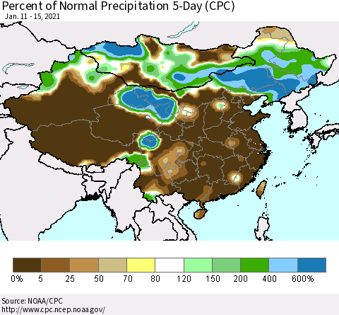 China, Mongolia and Taiwan Percent of Normal Precipitation 5-Day (CPC) Thematic Map For 1/11/2021 - 1/15/2021