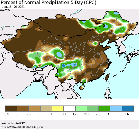 China, Mongolia and Taiwan Percent of Normal Precipitation 5-Day (CPC) Thematic Map For 1/16/2021 - 1/20/2021