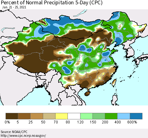 China, Mongolia and Taiwan Percent of Normal Precipitation 5-Day (CPC) Thematic Map For 1/21/2021 - 1/25/2021