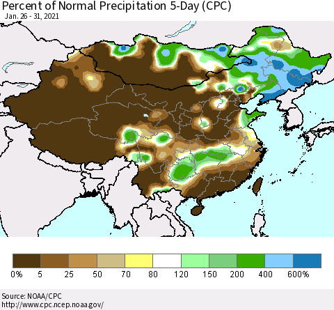 China, Mongolia and Taiwan Percent of Normal Precipitation 5-Day (CPC) Thematic Map For 1/26/2021 - 1/31/2021
