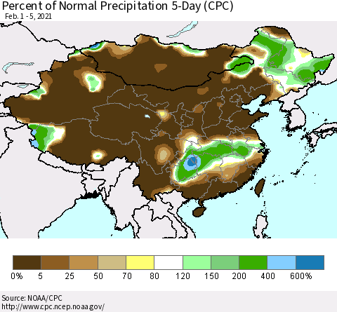 China, Mongolia and Taiwan Percent of Normal Precipitation 5-Day (CPC) Thematic Map For 2/1/2021 - 2/5/2021