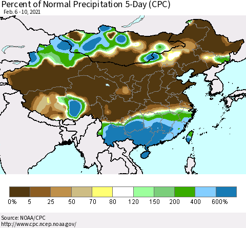 China, Mongolia and Taiwan Percent of Normal Precipitation 5-Day (CPC) Thematic Map For 2/6/2021 - 2/10/2021