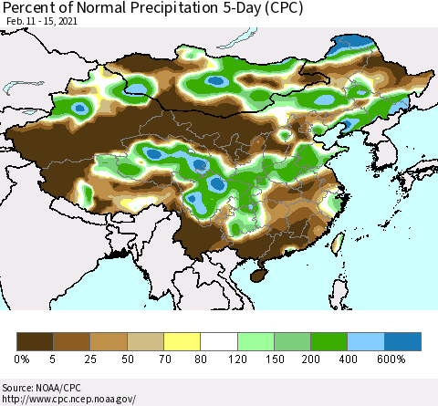 China, Mongolia and Taiwan Percent of Normal Precipitation 5-Day (CPC) Thematic Map For 2/11/2021 - 2/15/2021