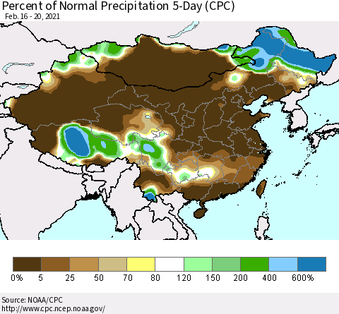 China, Mongolia and Taiwan Percent of Normal Precipitation 5-Day (CPC) Thematic Map For 2/16/2021 - 2/20/2021