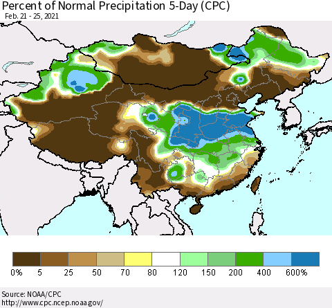 China, Mongolia and Taiwan Percent of Normal Precipitation 5-Day (CPC) Thematic Map For 2/21/2021 - 2/25/2021