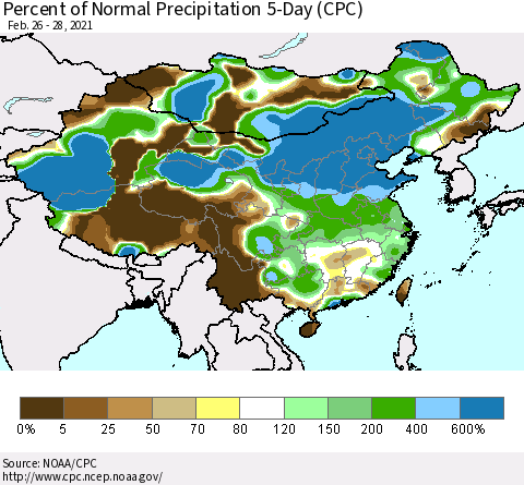 China, Mongolia and Taiwan Percent of Normal Precipitation 5-Day (CPC) Thematic Map For 2/26/2021 - 2/28/2021