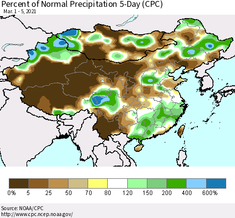 China, Mongolia and Taiwan Percent of Normal Precipitation 5-Day (CPC) Thematic Map For 3/1/2021 - 3/5/2021