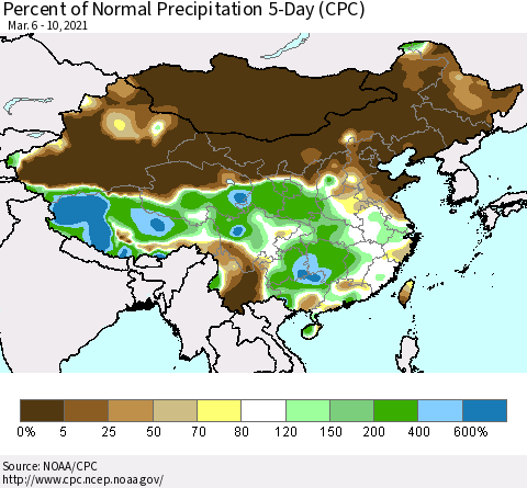 China, Mongolia and Taiwan Percent of Normal Precipitation 5-Day (CPC) Thematic Map For 3/6/2021 - 3/10/2021
