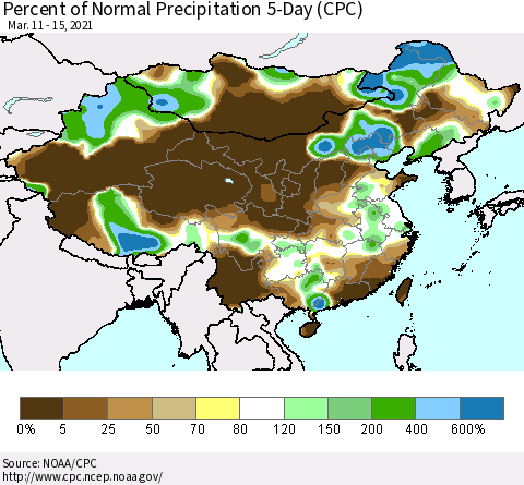 China, Mongolia and Taiwan Percent of Normal Precipitation 5-Day (CPC) Thematic Map For 3/11/2021 - 3/15/2021