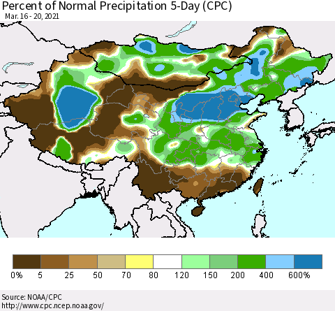 China, Mongolia and Taiwan Percent of Normal Precipitation 5-Day (CPC) Thematic Map For 3/16/2021 - 3/20/2021