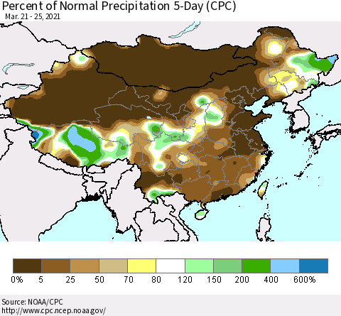 China, Mongolia and Taiwan Percent of Normal Precipitation 5-Day (CPC) Thematic Map For 3/21/2021 - 3/25/2021