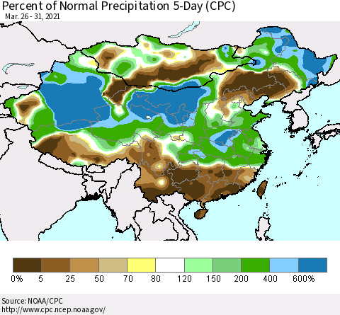 China, Mongolia and Taiwan Percent of Normal Precipitation 5-Day (CPC) Thematic Map For 3/26/2021 - 3/31/2021