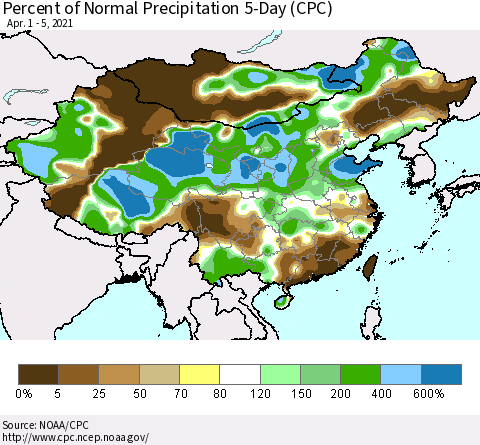 China, Mongolia and Taiwan Percent of Normal Precipitation 5-Day (CPC) Thematic Map For 4/1/2021 - 4/5/2021