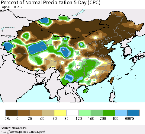 China, Mongolia and Taiwan Percent of Normal Precipitation 5-Day (CPC) Thematic Map For 4/6/2021 - 4/10/2021