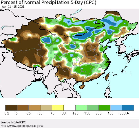 China, Mongolia and Taiwan Percent of Normal Precipitation 5-Day (CPC) Thematic Map For 4/11/2021 - 4/15/2021