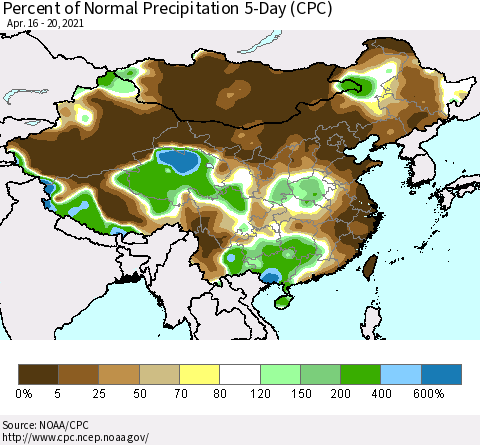 China, Mongolia and Taiwan Percent of Normal Precipitation 5-Day (CPC) Thematic Map For 4/16/2021 - 4/20/2021