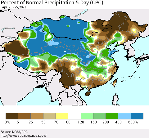China, Mongolia and Taiwan Percent of Normal Precipitation 5-Day (CPC) Thematic Map For 4/21/2021 - 4/25/2021