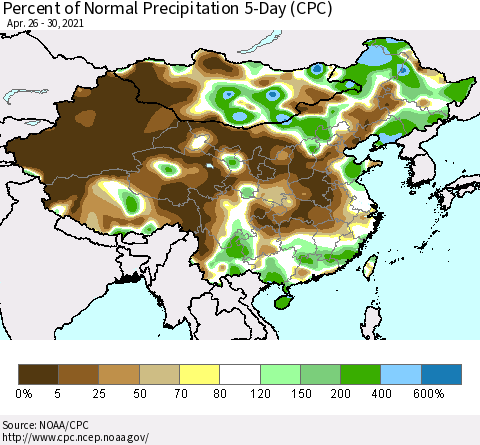 China, Mongolia and Taiwan Percent of Normal Precipitation 5-Day (CPC) Thematic Map For 4/26/2021 - 4/30/2021
