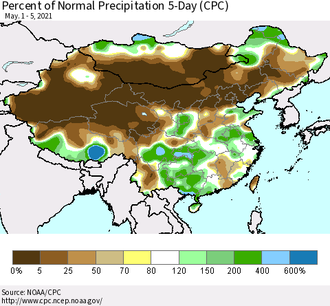China, Mongolia and Taiwan Percent of Normal Precipitation 5-Day (CPC) Thematic Map For 5/1/2021 - 5/5/2021