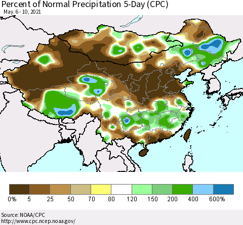 China, Mongolia and Taiwan Percent of Normal Precipitation 5-Day (CPC) Thematic Map For 5/6/2021 - 5/10/2021